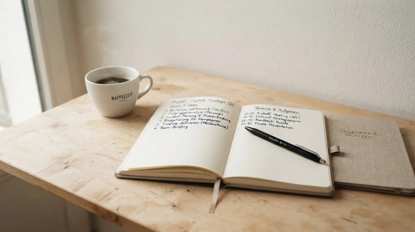 Ein aufgeschlagenes Notizbuch mit handschriftlichen Notizen und ein Kugelschreiber liegen auf einem hellen Schreibtisch neben einer Kaffeetasse.
