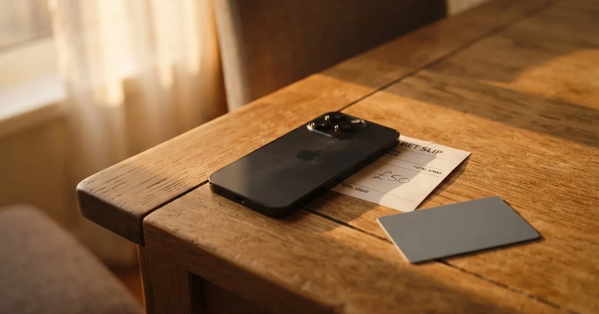 Ein Smartphone liegt mit dem Display nach unten auf einem Holztisch, daneben ein paar Euro-Münzen und eine unbeschriftete Plastikkarte im Morgenlicht.