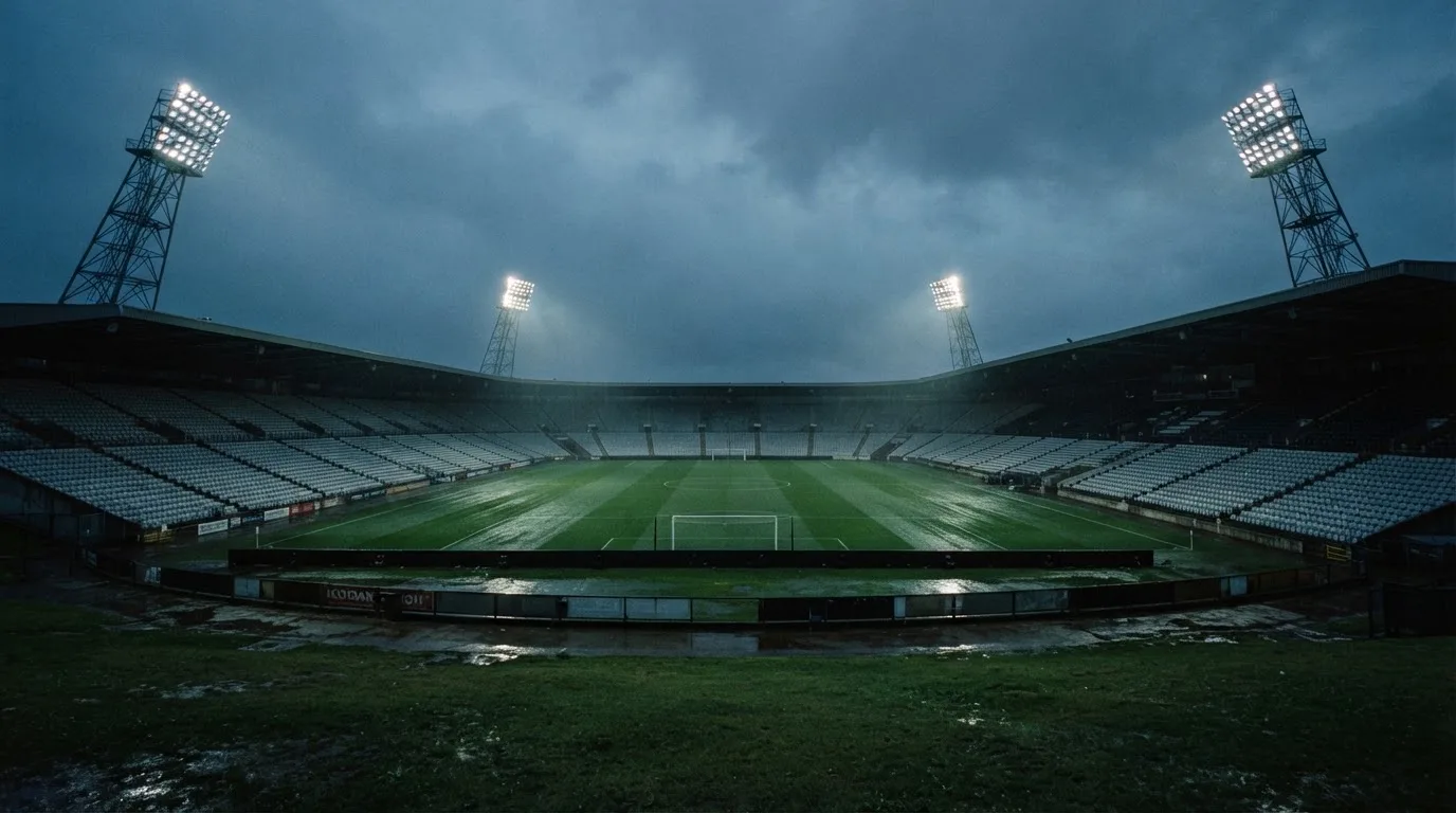 Ein Fußballplatz mit Flutlichtmasten in der Abenddämmerung, aus der Ferne gesehen, leere Tribünen und nasser Rasen unter bewölktem Himmel.