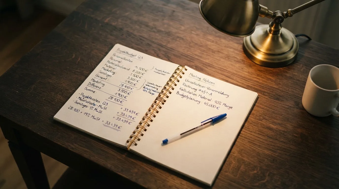 Ein Taschenrechner und ein Blatt Papier mit handschriftlichen Notizen liegen auf einem Schreibtisch unter dem warmen Licht einer Lampe.