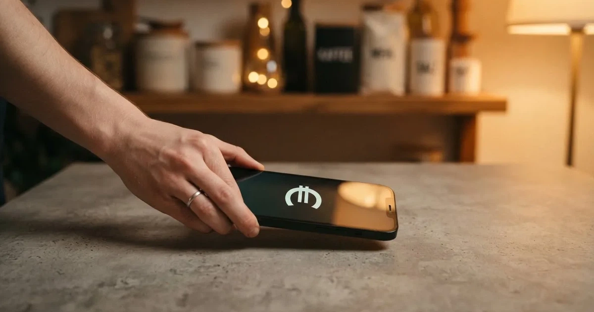 Eine Hand legt ein paar Münzen neben ein umgedrehtes Smartphone auf eine graue Tischplatte, dahinter verschwommen ein Küchenregal.