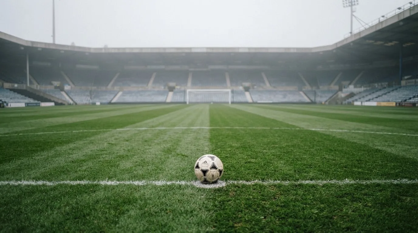 Ein Fußball liegt auf dem Elfmeterpunkt eines leeren Rasenplatzes, im Hintergrund eine Tribüne im Dunst.
