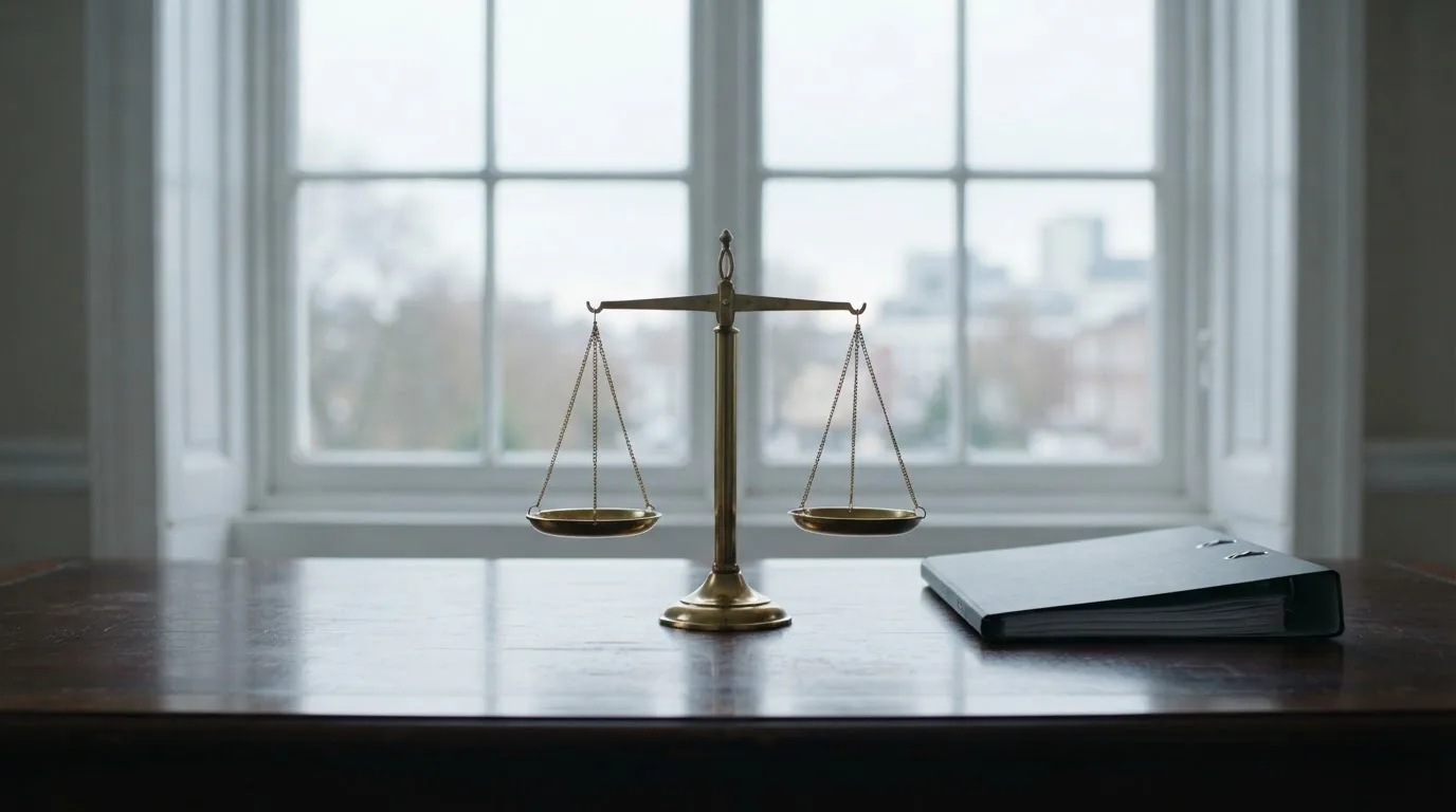 Eine Waage aus Messing und ein geschlossener Aktenordner ohne Beschriftung stehen auf einem polierten Schreibtisch vor einem Fenster.