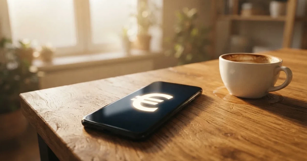 Zwei Euro-Scheine und ein Smartphone liegen auf einem Holztisch neben einer Tasse, im Hintergrund ein unscharfes Fenster.