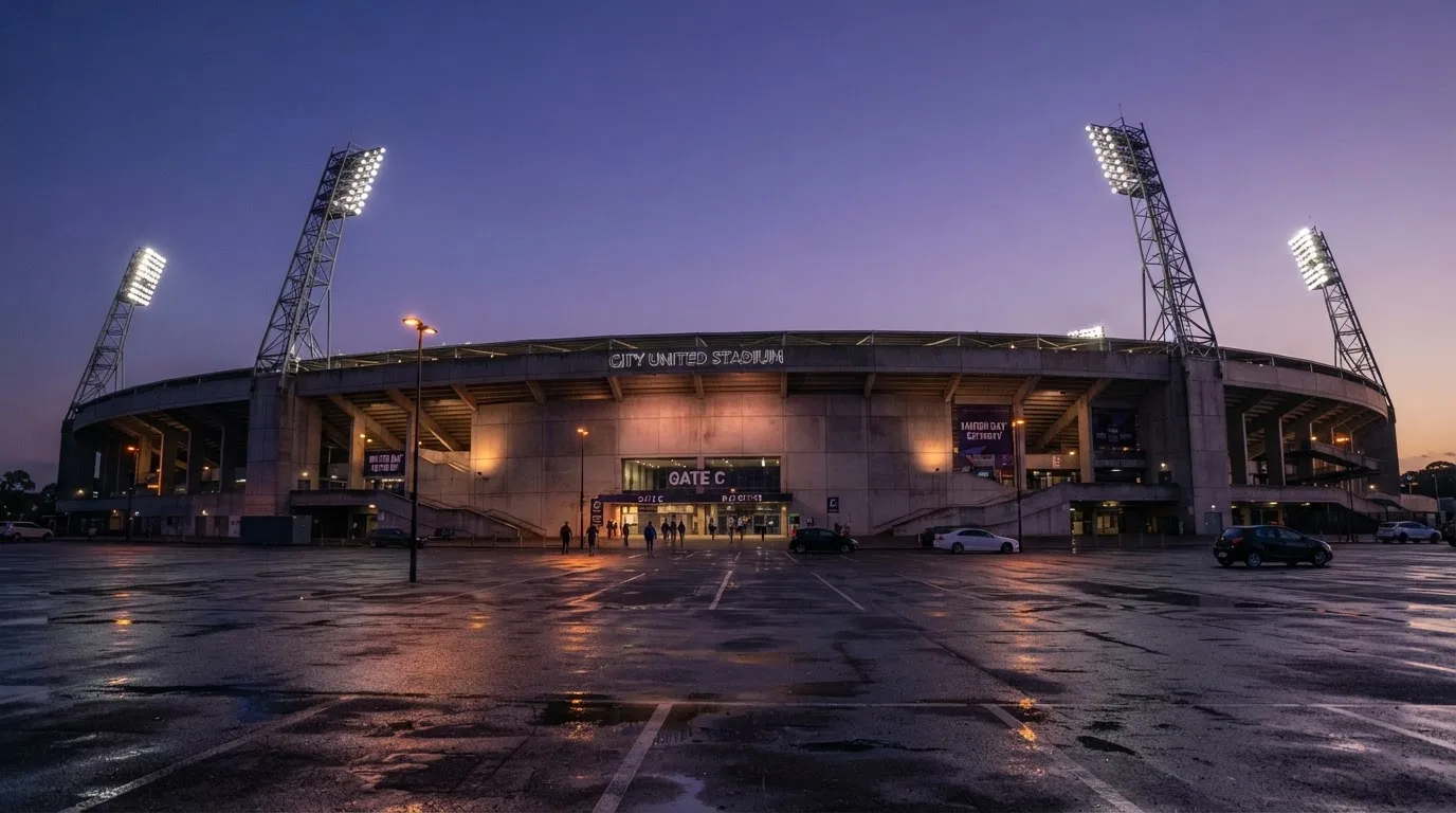 Ein Fußballstadion von außen in der Dämmerung, hohe Flutlichtmasten vor einem violetten Himmel, davor ein leerer Parkplatz.