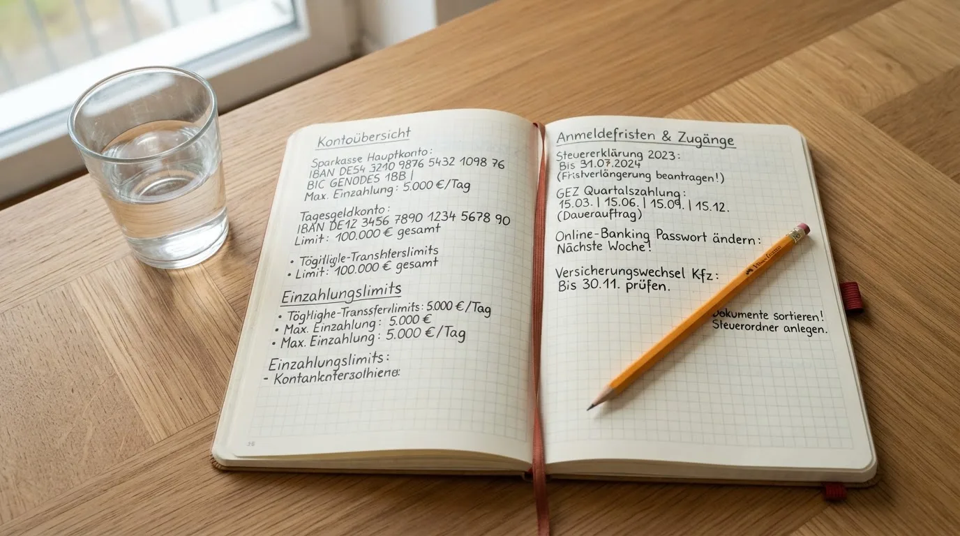 Ein aufgeschlagenes Heft mit handschriftlichen Notizen und ein Bleistift liegen auf einem Schreibtisch, daneben ein Glas Wasser.