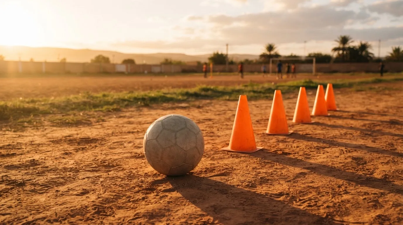 Ein Fußball auf rotem Sandboden neben einer Reihe Hütchen auf einem Trainingsplatz bei untergehender Sonne.