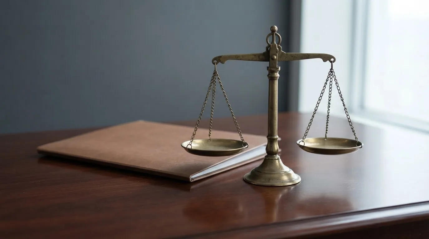 Eine Waage aus Messing und ein geschlossener Aktenordner ohne Beschriftung stehen auf einem polierten Schreibtisch.