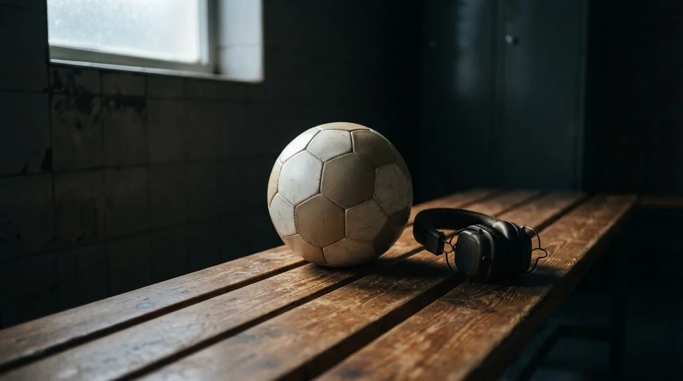 Ein Fußball liegt neben Kopfhörern auf einer Holzbank in einer Umkleide, Licht fällt durch ein schmales Fenster.