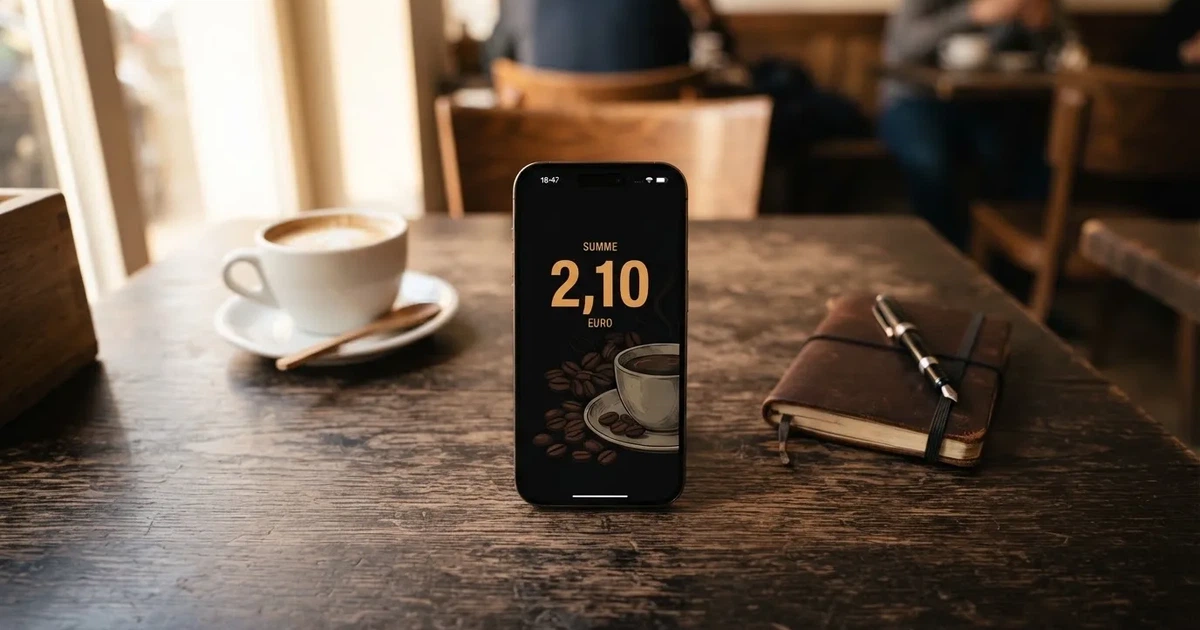Ein Smartphone mit dunklem Bildschirm liegt auf einem Tisch in einem Café, daneben eine Tasse und ein Notizbuch.