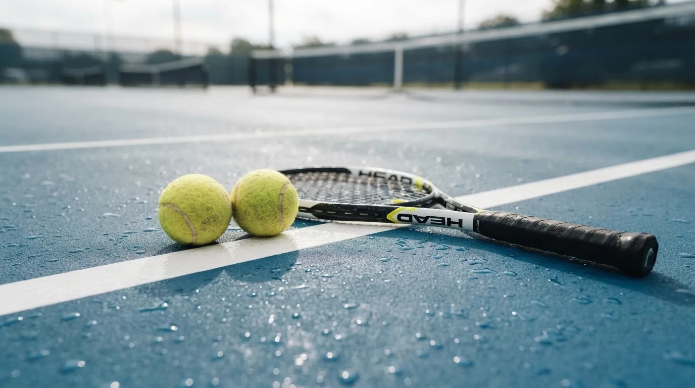 Zwei Tennisbälle und ein Schläger liegen auf der Grundlinie eines Hartplatzes, kleine Wassertropfen glänzen auf dem Belag.