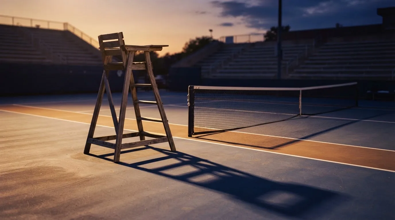 Ein leerer Schiedsrichterstuhl am Spielfeldrand eines Tennisplatzes im Abendlicht, lange Schatten auf dem Belag.