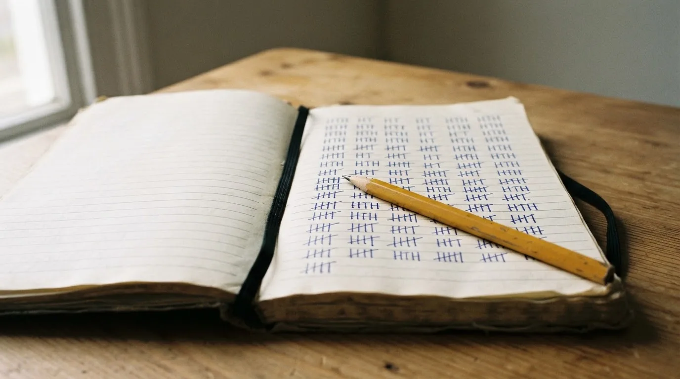 Ein handschriftlich geführtes Heft mit Strichlisten liegt neben einem Bleistift auf einem Tisch, seitlich fällt Tageslicht herein.