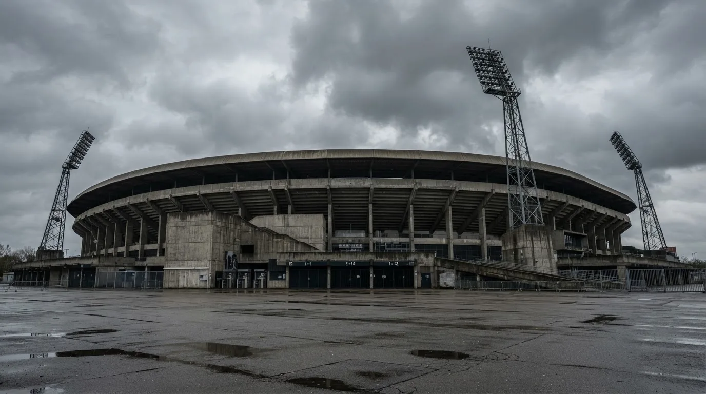 Ein leeres Stadion von außen, hohe Flutlichtmasten vor einem grauen Himmel mit Regenwolken.