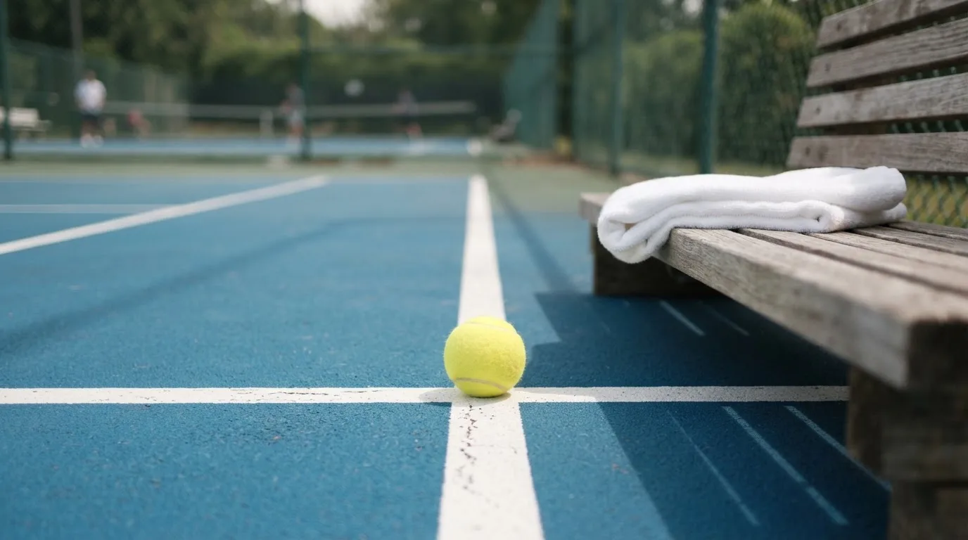 Ein gelber Tennisball liegt auf einer weißen Linie, daneben ein Handtuch auf einer Bank am Spielfeldrand.
