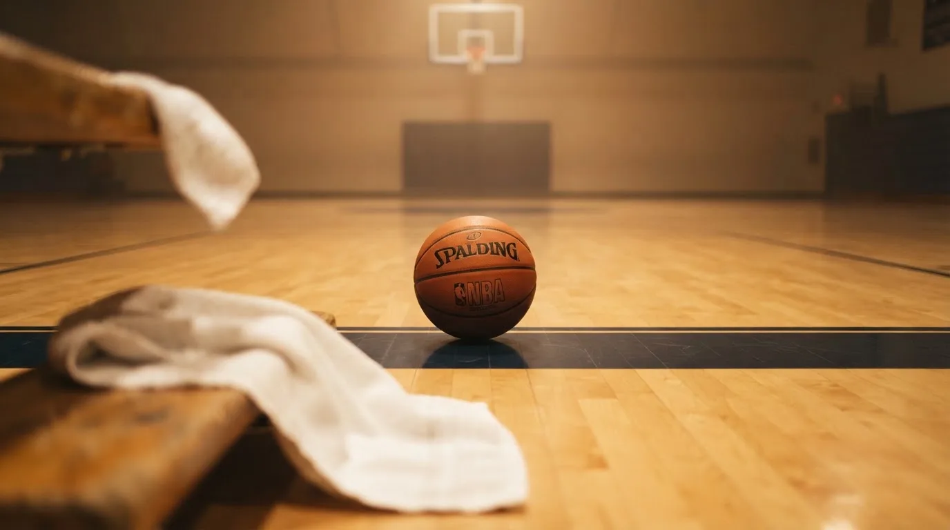 Ein Basketball liegt auf der Freiwurflinie einer Halle, im Vordergrund ein Handtuch auf einer Bank.