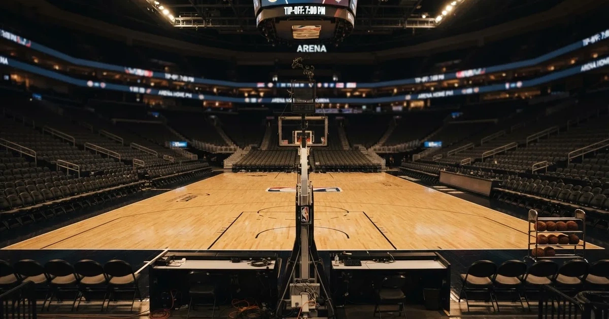 Eine leere Basketballhalle mit glänzendem Parkett und einem Korb im Hintergrund, Licht von Deckenstrahlern spiegelt sich im Boden.