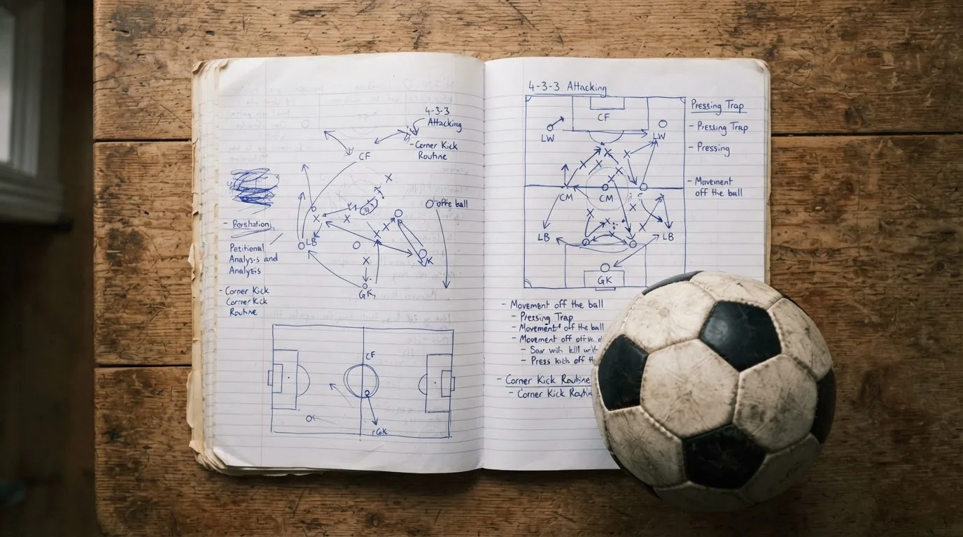 Ein Fußball liegt auf einem Notizbuch mit handgezeichneten Skizzen von Spielzügen, aufgenommen von oben auf einem Holztisch.