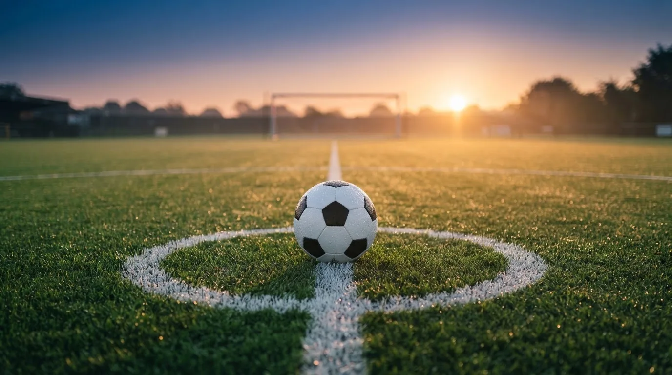 Ein Fußball liegt auf dem Anstoßpunkt eines Rasens bei Sonnenaufgang, Tau glitzert auf den Halmen.