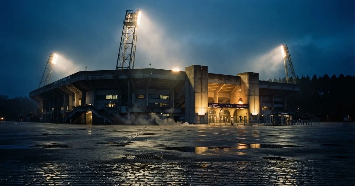 Ein großes Fußballstadion bei Flutlicht von außen, davor ein leerer Vorplatz mit nassem Pflaster und Dunst.