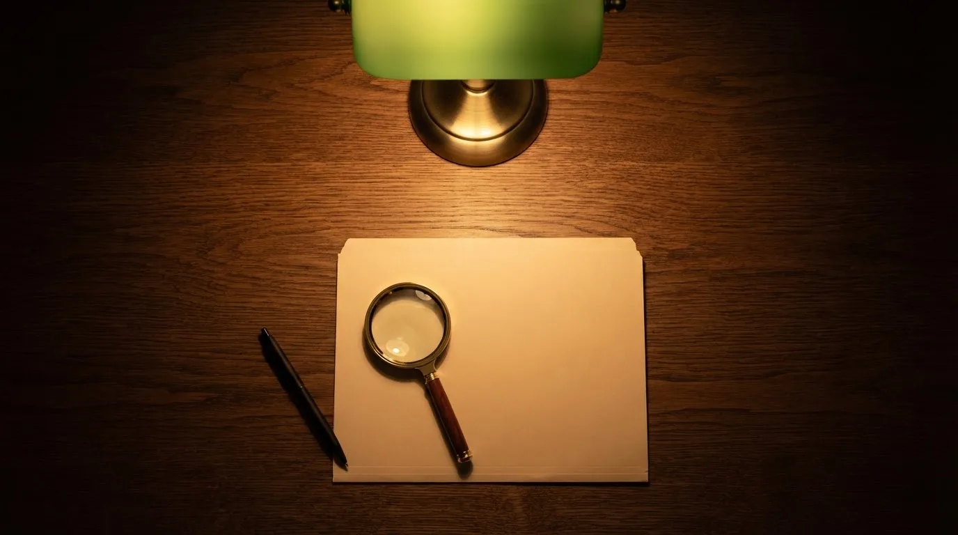 Ein Schreibtisch mit Kugelschreiber, Lupe und einem geschlossenen Ordner ohne Beschriftung in warmem Lampenlicht.