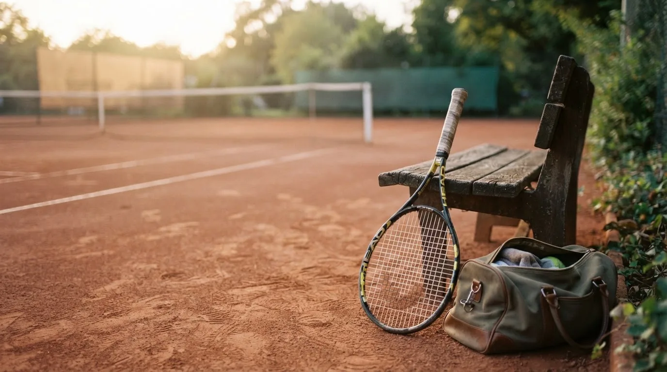Ein Tennisschläger lehnt an einer Bank neben einer Sporttasche, im Hintergrund ein leerer Platz.