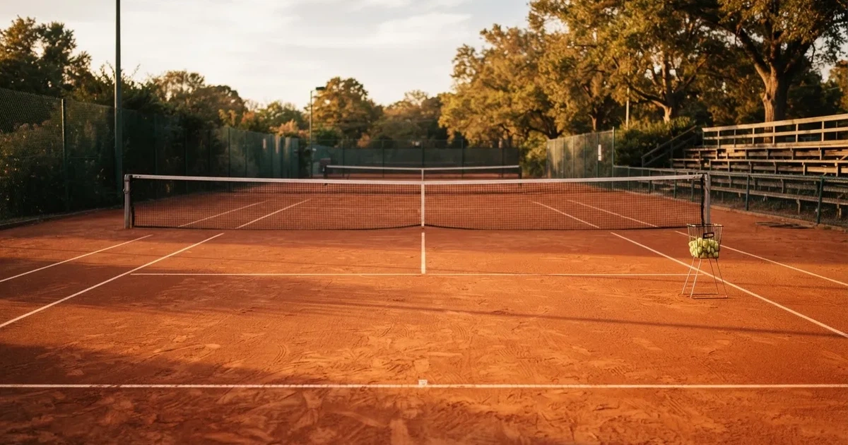 Ein Sandplatz mit frisch gezogenen Linien in der Nachmittagssonne, Netz und Ballkorb am Rand, keine Menschen.