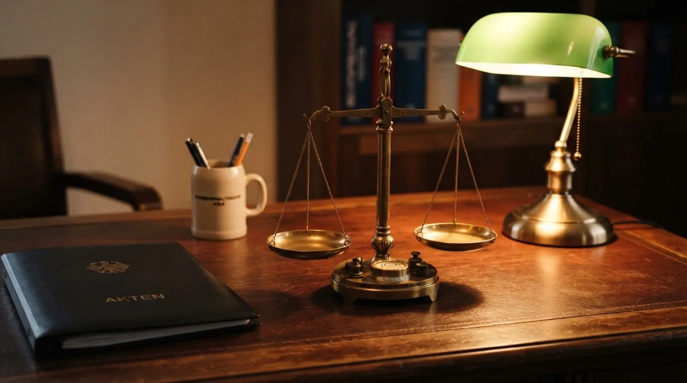 Eine Waage aus Messing und ein geschlossener Ordner ohne Beschriftung stehen neben einer Tischlampe auf einem Schreibtisch.