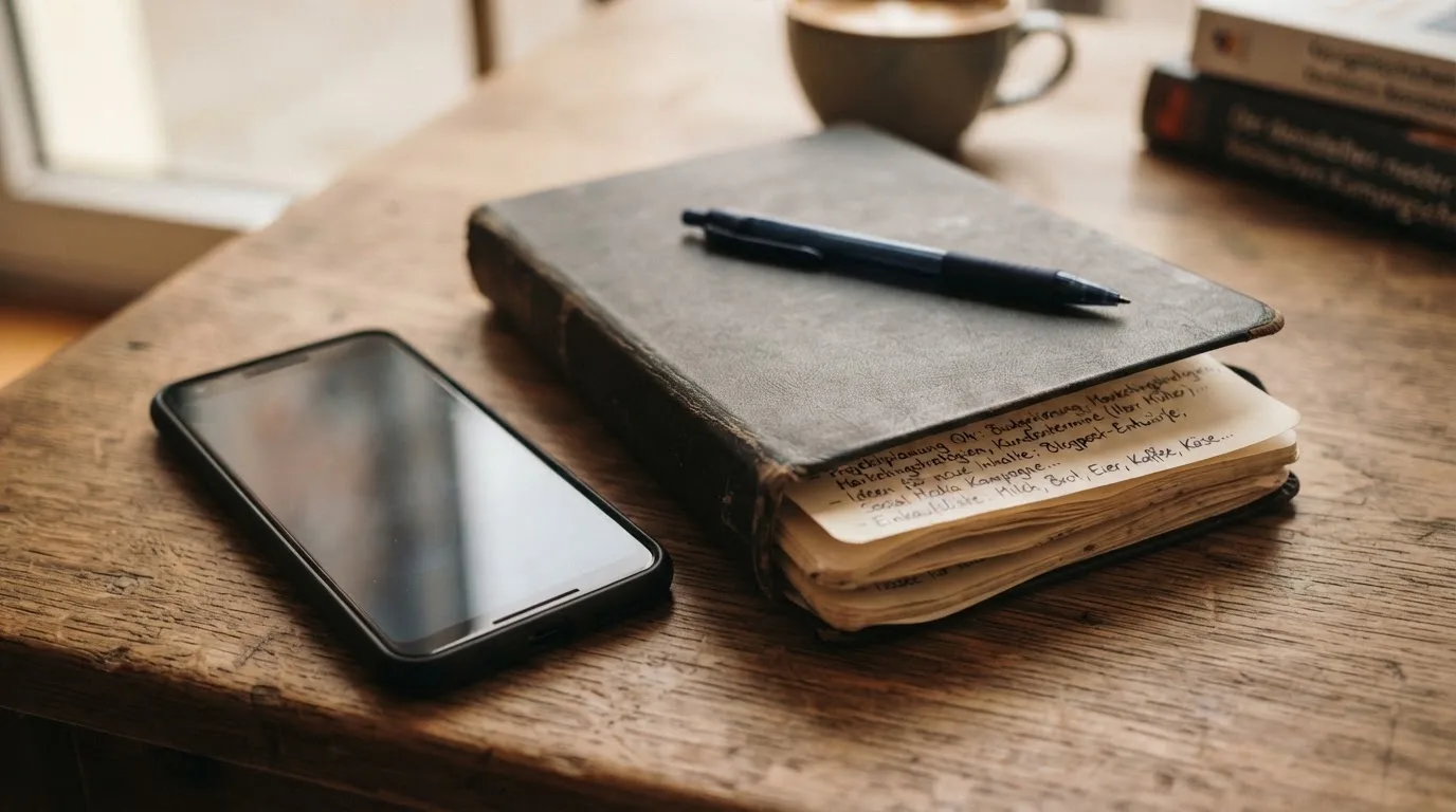 Ein Notizbuch mit handschriftlichen Notizen und ein Kugelschreiber liegen neben einem Smartphone mit dunklem Display auf einem Holztisch.