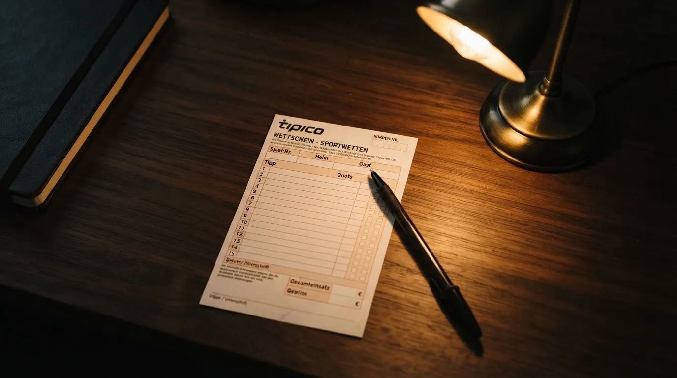 Ein leerer Wettschein aus Papier liegt neben einem Stift auf einem Schreibtisch im Licht einer kleinen Tischlampe.