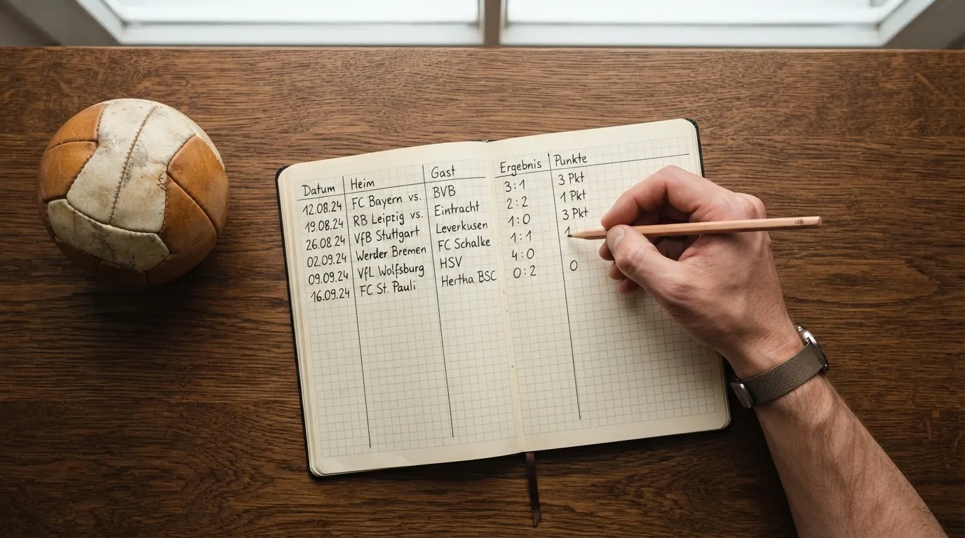 Eine Hand notiert mit Bleistift Zahlen in ein kariertes Heft, daneben liegt ein kleiner Lederfußball auf einer Holzplatte.