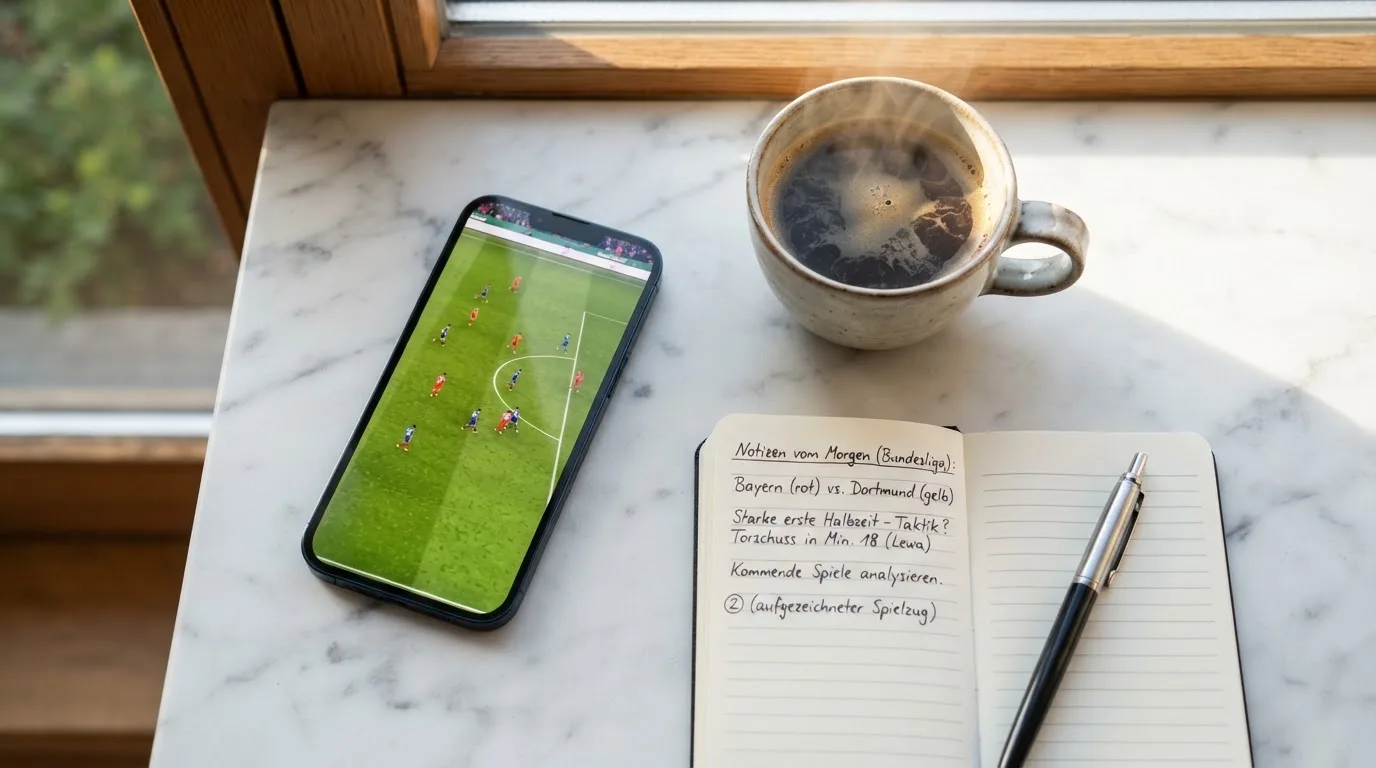 Ein Smartphone mit dunklem Display liegt neben einer Kaffeetasse und einem Notizblock auf einem hellen Tisch.