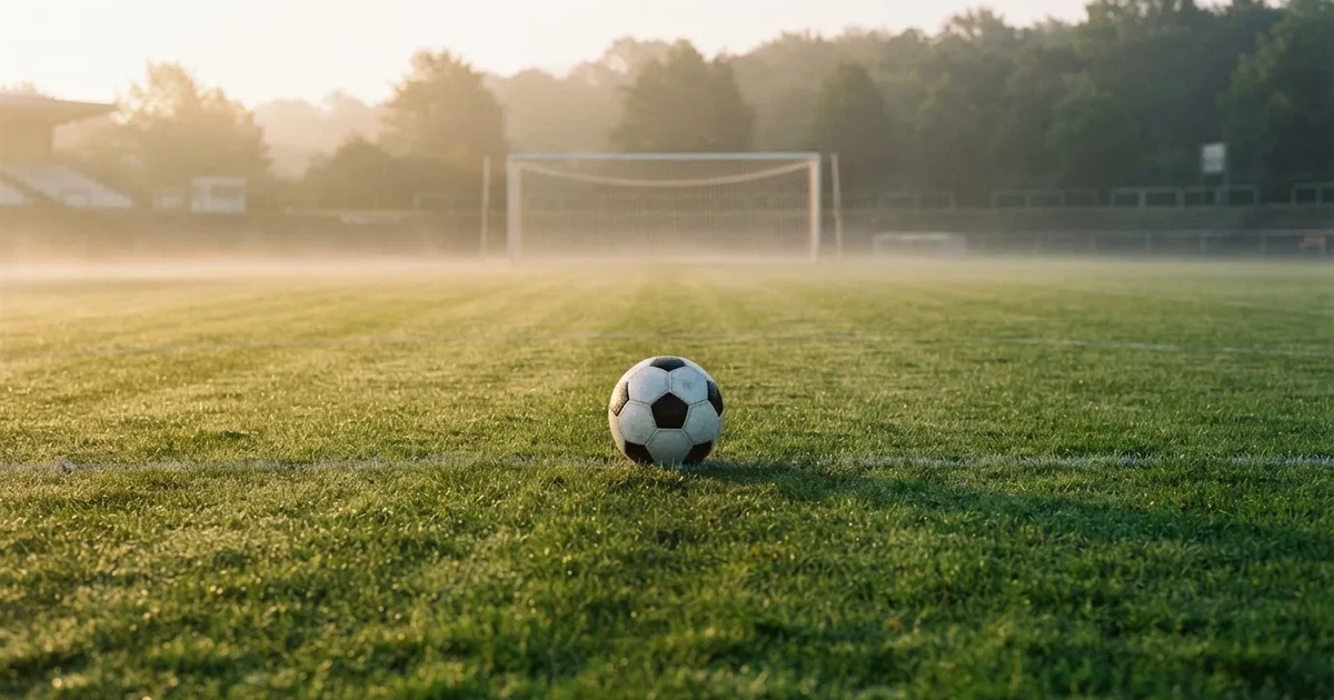 Ein Fußballtor mit gespanntem Netz steht auf einem leeren Rasenplatz, davor ein einzelner Ball, Morgendunst liegt über dem Feld.