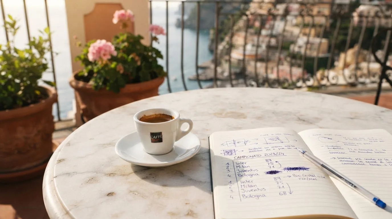 Eine Espressotasse steht auf einem kleinen Marmortisch einer Terrasse, daneben ein Notizheft mit handschriftlichen Skizzen.