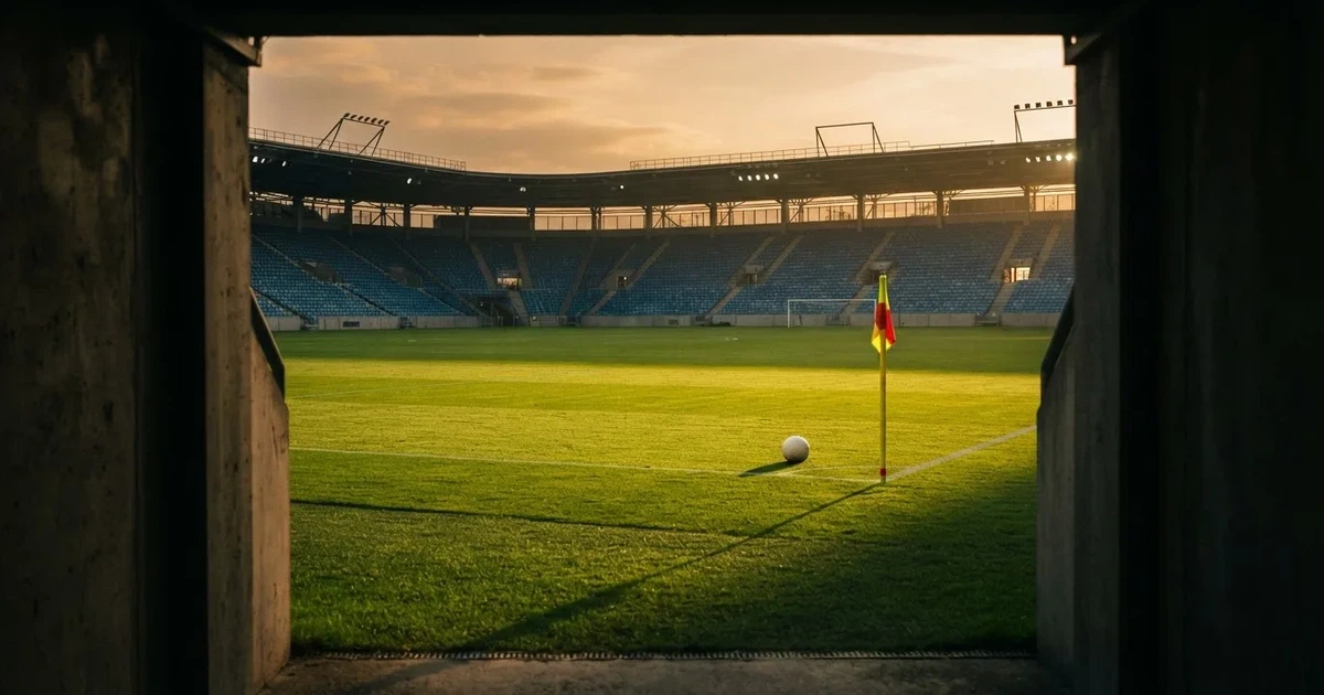 Blick durch ein Stadiontor auf einen grünen Rasen im Abendlicht, ein Ball liegt an der Eckfahne, die Ränge sind leer.