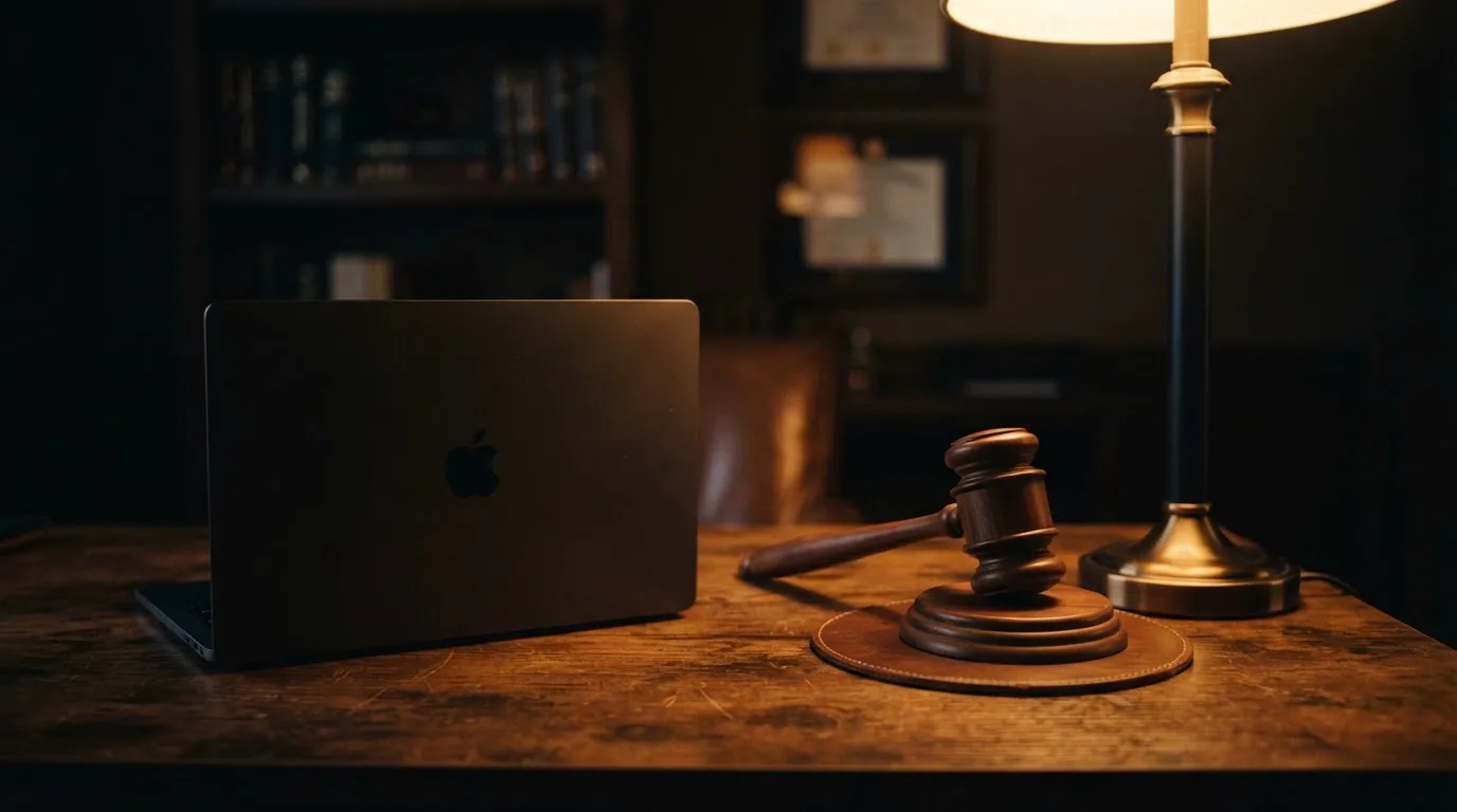 Ein Schreibtisch mit Stehlampe, einem geschlossenen Laptop und einem hölzernen Richterhammer im Halbdunkel.