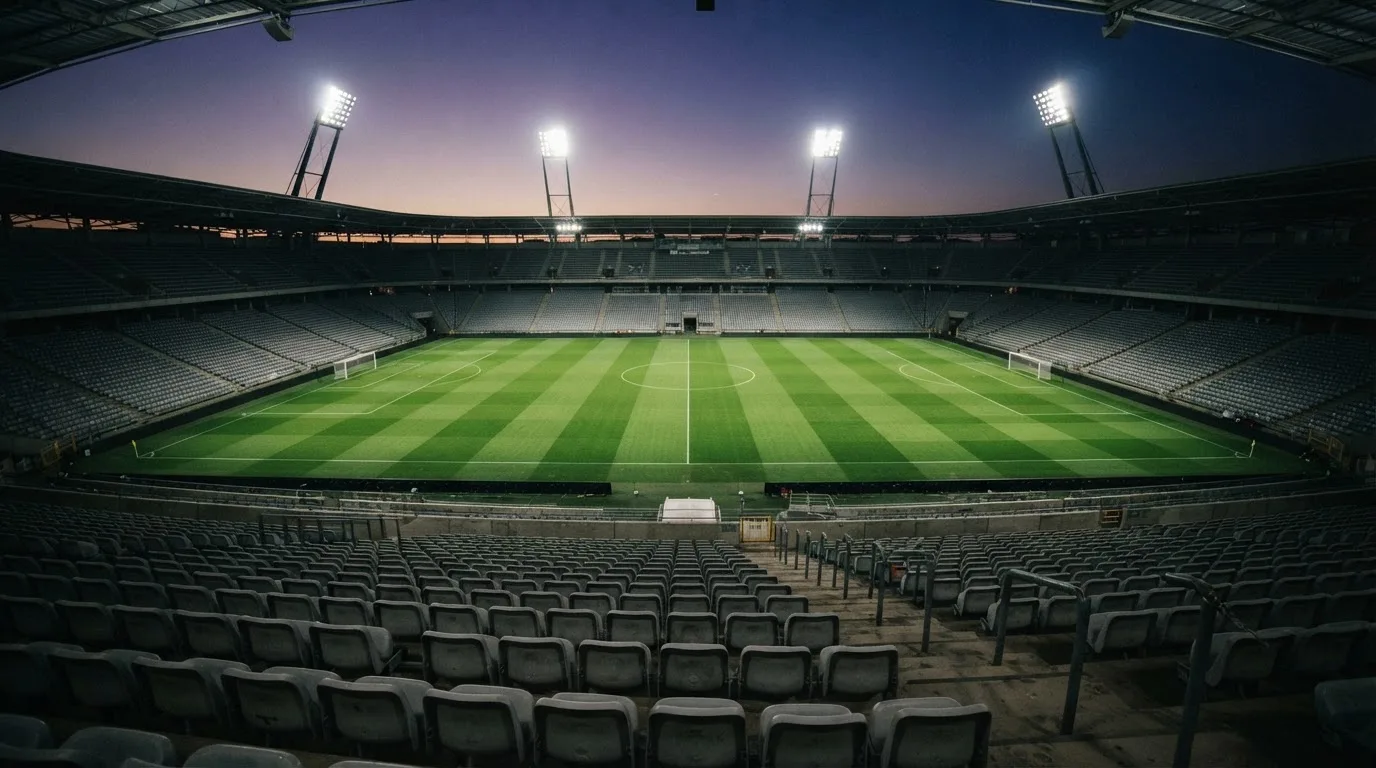 Eine leere Stadiontribüne unter Flutlicht aus der Ferne betrachtet, die Rasenfläche leuchtet grün in der Dämmerung.