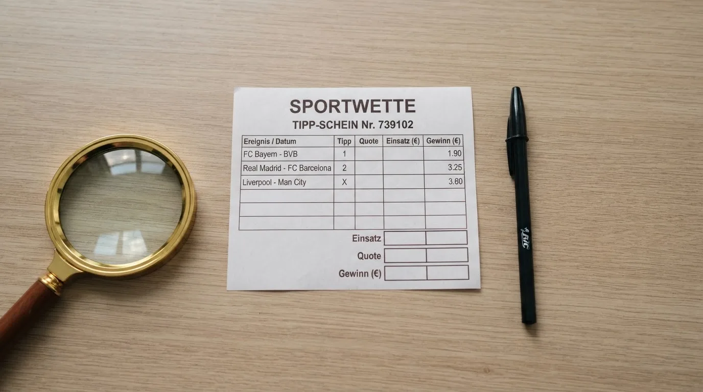 Ein leerer Wettschein aus Papier und ein Kugelschreiber liegen auf einem Schreibtisch neben einer Lupe.