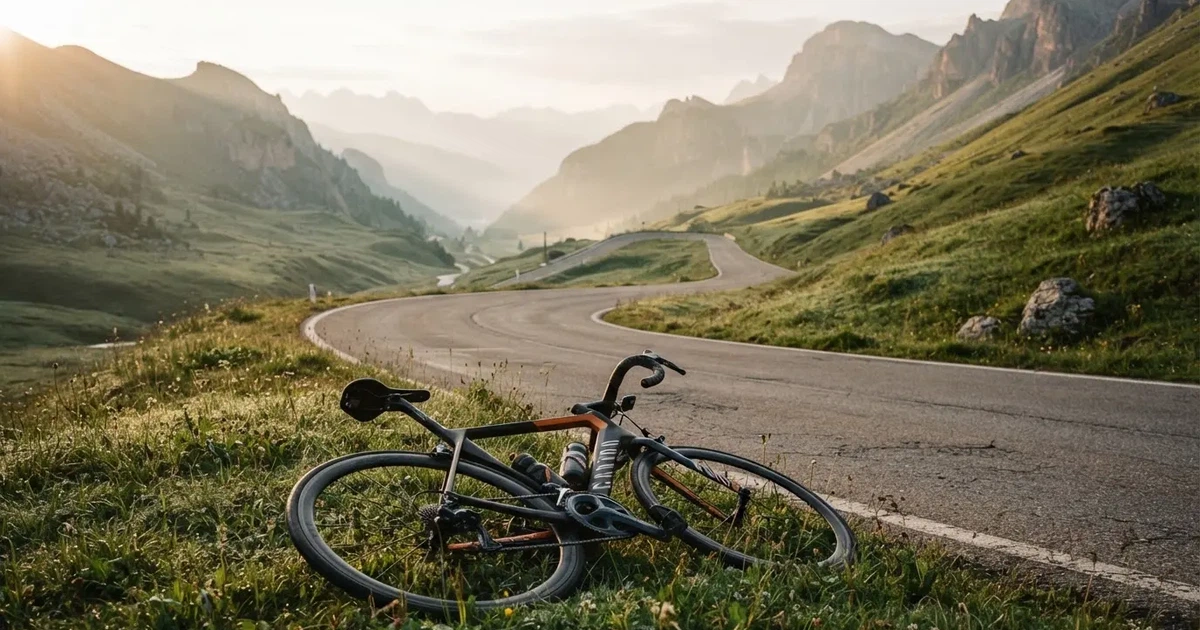 Eine leere Landstraße schlängelt sich im Morgenlicht durch einen Gebirgspass, am Straßenrand liegt ein einzelnes Rennrad im Gras.