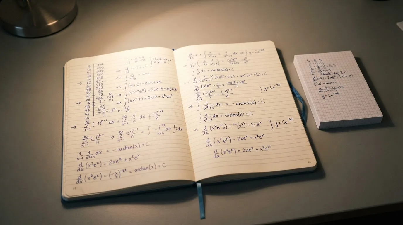 Ein Notizbuch mit handschriftlichen Rechnungen und ein Taschenrechner liegen auf einem aufgeräumten Schreibtisch in warmem Licht.