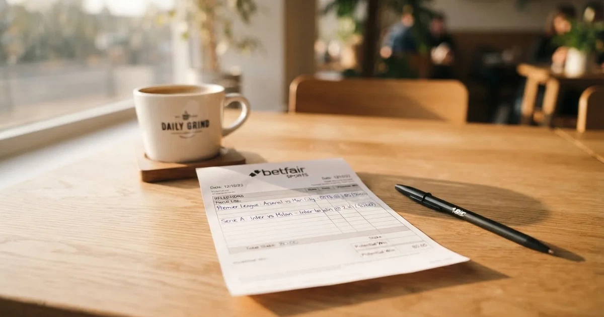 Ein leerer Papier-Wettschein liegt neben einem Kugelschreiber und einer Kaffeetasse auf einem hellen Holztisch, Tageslicht von links.