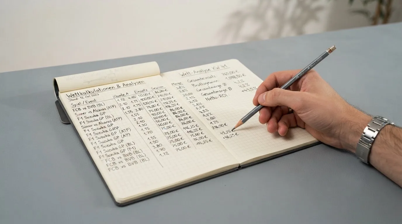 Ein Taschenrechner, ein Bleistift und ein Block mit handschriftlichen Zahlenreihen liegen auf einer grauen Arbeitsfläche.