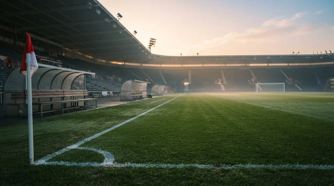 Ein Fußballplatz mit frisch gezogenen Kreidelinien im ersten Morgenlicht, leere Ersatzbänke am Spielfeldrand.