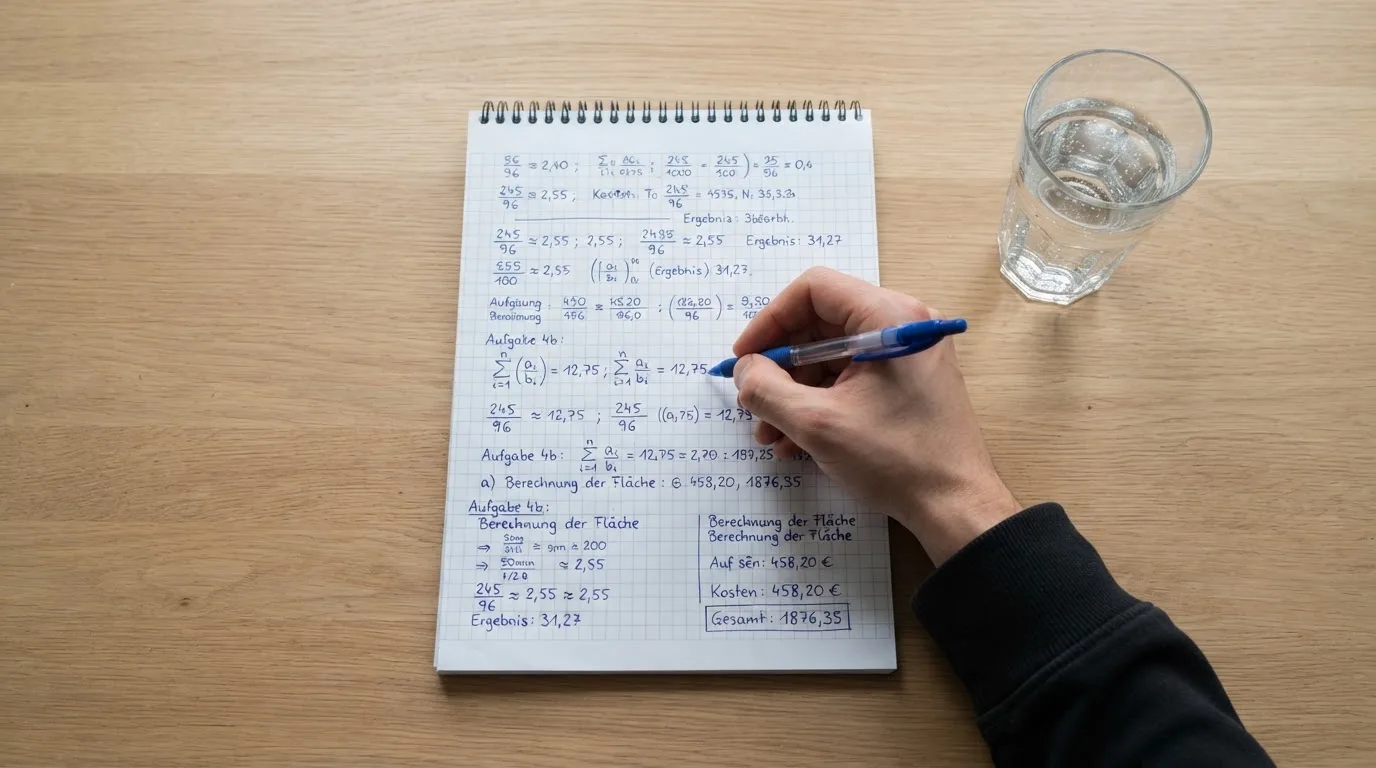 Ein Taschenrechner liegt auf einem Schreibtisch neben einem Block mit handschriftlichen Rechnungen und einem Glas Wasser.