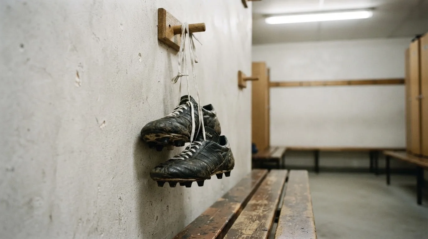 Ein Paar Fußballschuhe hängt an den Schnürsenkeln an einem Holzhaken in einer leeren Umkleidekabine.