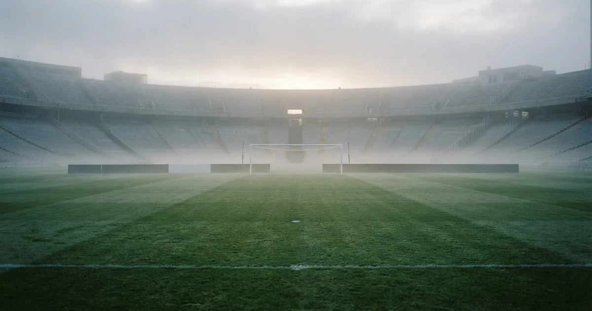 Ein Fußballplatz mit gepflegtem Rasen und einem Tor, über dem Spielfeld liegt Morgennebel, im Hintergrund eine leere Tribüne.