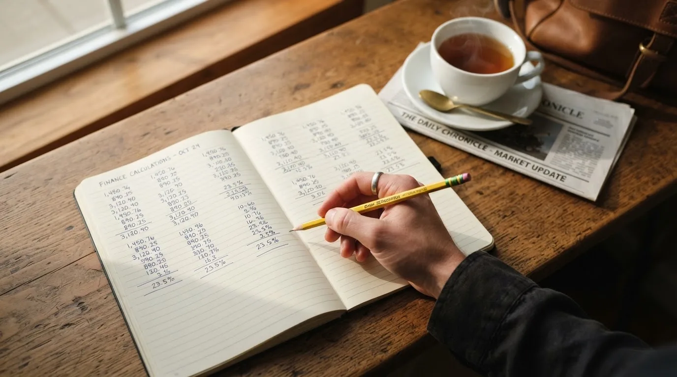 Ein Schreibtisch mit Taschenrechner, Bleistift und einem Block voller handschriftlicher Rechnungen, daneben eine Tasse Tee.