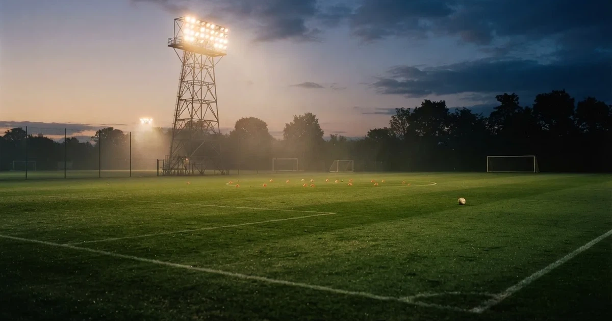 Eine Flutlichtanlage ragt über einen Trainingsplatz, auf dem Rasen liegen verstreut Hütchen und ein Ball, am Himmel die Abenddämmerung.