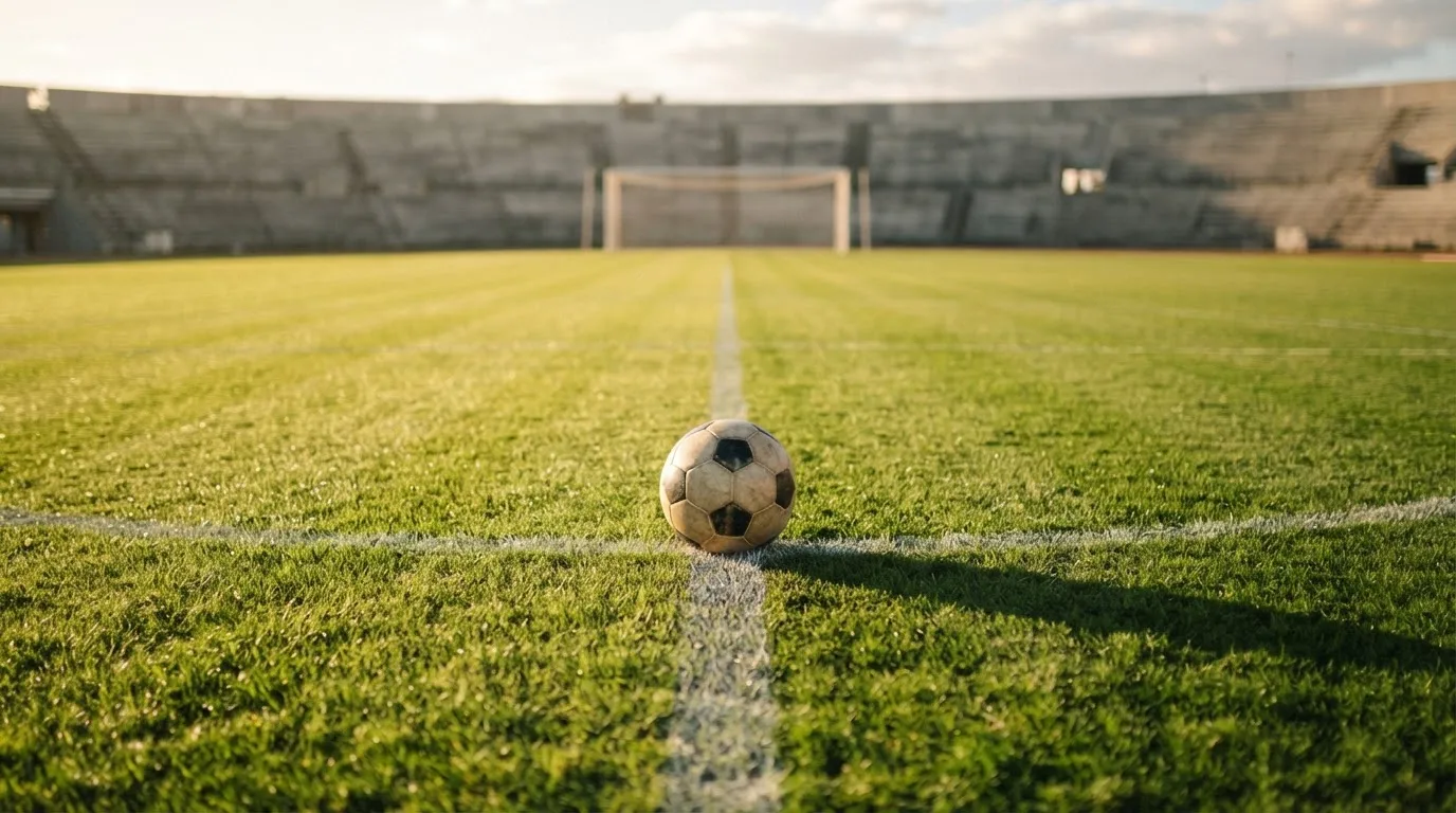 Ein Fußball liegt auf dem Rasen im Mittelkreis, die Kreidelinien führen scharf ins Bild, dahinter verschwimmt eine Tribüne.