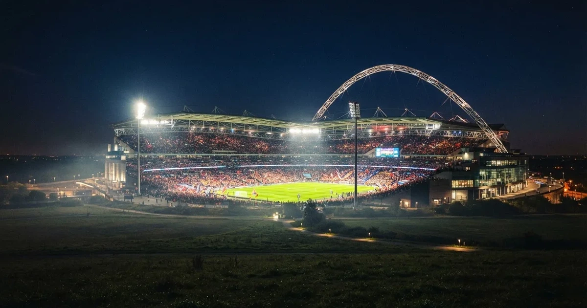 Ein großes Stadion bei Nacht, aus der Ferne unter Flutlicht gesehen, die Ränge hell erleuchtet, der Rasen leuchtend grün.